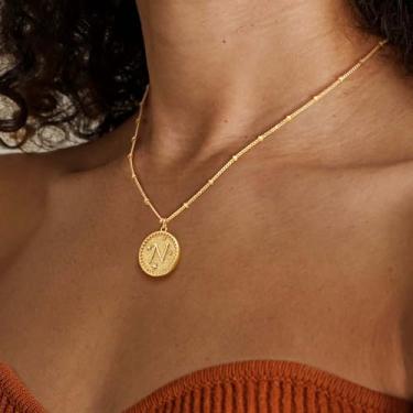 Imagem de Colar feminino com pingente redondo com inicial de ouro delicado banhado a ouro 14 K, simples, minimalista, delicado, feito à mão, joia moderna, Medium, Latão, Sem Pedra Preciosa