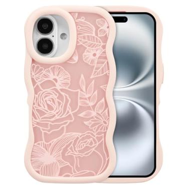 Imagem de XIZYO Capa para iPhone 16 Plus, linda flor floral ondulada rosa estética, moldura ondulada encaracolada mulheres meninas fosco TPU bumper à prova de choque, rosa fosco