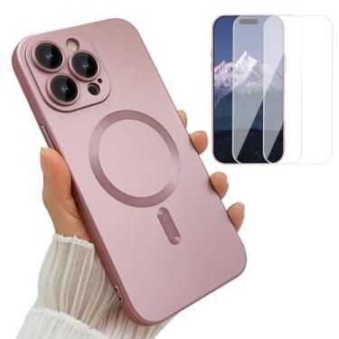 Imagem de ankofave Capa magnética para iPhone 15 Pro para mulheres, [compatível com magnético] Design metálico macio fosco com protetores de lente e 2 protetores de tela para iPhone 15 Pro 6,1 polegadas - rosa
