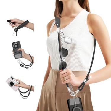 Imagem de HLOMOM Alça transversal universal com bolsa de armazenamento, cordão ajustável para telefone com 2 abas de telefone, alça de pescoço para celular mosquetão durável para smartphones (preto)