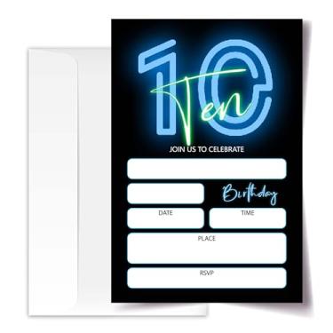 Imagem de ANYEMW Convites de aniversário de 10 anos Neon Glow 10 x 15 20 cartões com 20 envelopes para meninos e meninas Convites de festa de 10º aniversário. (191)
