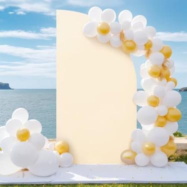 Imagem de Capa de fundo bege com arco de meia lua elastano ajustável para arco de casamento dupla face meia parte superior elástica para decoração de casamento, festa de aniversário, chá de bebê, formatura, 1,5