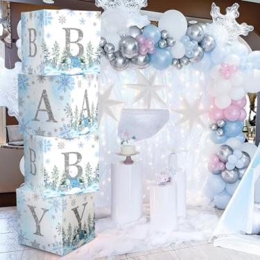 Imagem de AmazingSpark 4 caixas de chá de bebê de floco de neve azul com letras decoração de caixa de doces do país das maravilhas de inverno com blocos de letras, peça central de chá de bebê para pano de fundo