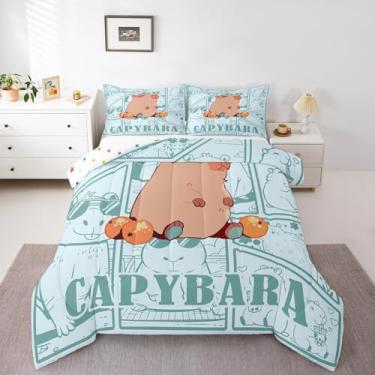 Imagem de Jogo de cama casal de desenho animado de capivara, frutas laranjas, capivara, amantes de animais selvagens, safári selvagem, para crianças, meninas, meninos, adorável roedores, estampa de animais