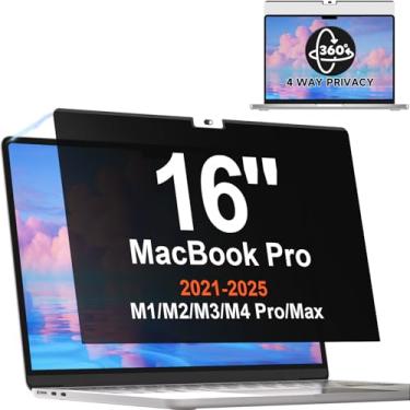Imagem de Tela magnética de privacidade de 360° para MacBook Pro de 16 polegadas (2021-2025, M1, M2, M3, M4, Pro, Max), filtro de luz azul antirreflexo removível, protetor preto antiespião de 4 vias para laptop