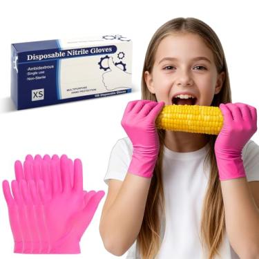 Imagem de Cljlixcy Luvas de nitrilo descartáveis para crianças de 4 a 10 anos, adequadas para jardinagem, culinária, pintura, látex e sem pó - 100 peças (rosa vermelha)