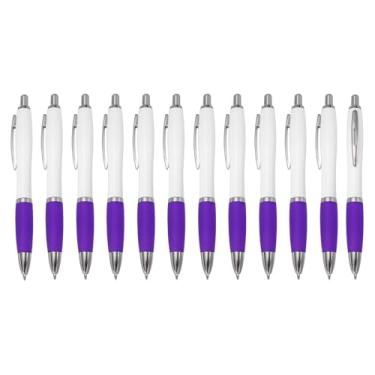 Imagem de PATIKIL Canetas esferográficas retráteis, 12 peças de caneta esferográfica de tinta preta de 1,0 mm com aderência de borracha de plástico para anotações, eventos de classe de escritório, roxa/branca