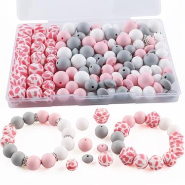 Imagem de Kovict 117 peças de contas de silicone de 12 mm e 15 mm para fabricação de chaveiros, impressão hexagonal redonda rosa 10 mm Rondelle strass espaçador de contas de silicone de lentilha para canetas