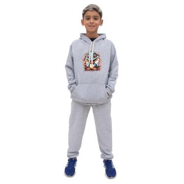 Imagem de Conjunto Moletom Canguru Infantil Menino Estampa Dinossauro Com Calça Lisa Basica Dia a Dia
