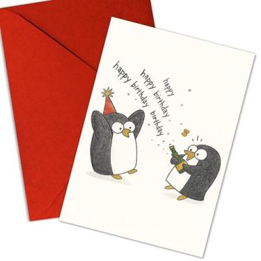 Imagem de Podagree Cartão de aniversário Penguin – Pinguins de aniversário engraçados com chapéus de festa e garrafa – Celebração de feliz aniversário – Perfeito para crianças, amigos, família – em branco