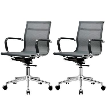 Imagem de Kit 2 Cadeiras Giratória Office Sydney Diretor Fratini Tela Preta Base Aço Cromado