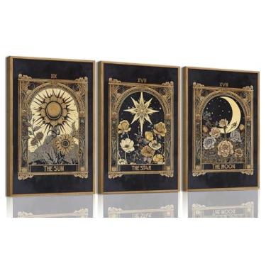 Imagem de ZZTCYSU Arte de parede em tela de sol e lua Arte de parede emoldurada celestial Dark Academia Impressões de tarô vintage arte gótica mística para sala de estar quarto banheiro 40,6 cm x 61 cm