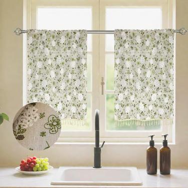Imagem de ShfiYolx Cortinas Kitchen Cafe 91 cm de comprimento, meia cortina para janela curta, estampa floral e acabamento de borlas, design de bolso para varão cortina de janela pequena para trailers de