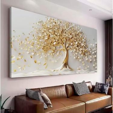 Imagem de Quadro Decorativo Grande para Sala Arvore da Vida Gold Abstrato Dourado Quarto Hall Luxo Horizontal Decoração Parede Tela Escritório (150x75 cm)