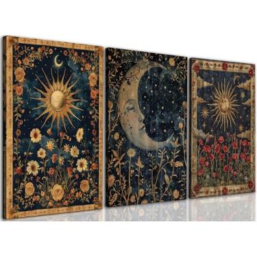Imagem de FWAHREN Arte de parede em tela celestial sol e lua, 3 peças vintage góticas pinturas de flores silvestres, imagens peculiares de tarô crescente escuro Academia decoração de parede, quarto, sala de