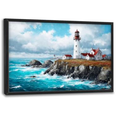 Imagem de Arte de parede de farol grande para sala de estar grande farol costeiro decoração de parede praia litoral impressões em tela pintura imagens do mar oceano decorações de paisagem marítima para quarto