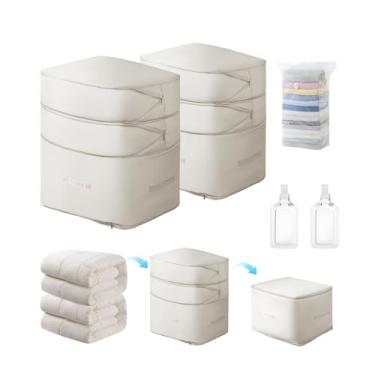 Imagem de Vercclik Sacos grandes de armazenamento de autocompressão com economia de espaço para edredons e cobertores, organizador de autocompressão para cama de armazenamento (bege, pacote com 2)