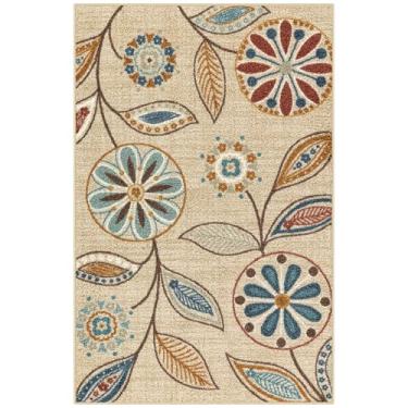 Imagem de Maples Rugs Reggie Tapete de cozinha floral antiderrapante para área [feito nos EUA], 60 x 9 cm, bege