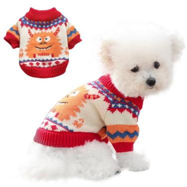 Imagem de JAAQUCD Suéter vermelho para cachorro pequeno, menino, menina, gola rolê, gato, suéter com estampa de monstro, malha, outono, inverno, roupa de cachorro Haliday, roupas para animais de estimação para