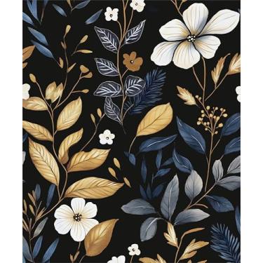 Imagem de Laatse Papel de parede floral escuro vintage descasque e cole azul/papel de parede folha dourada à prova d'água autoadesivo removível Boho papel de parede moderno para quarto paredes gaveta armário