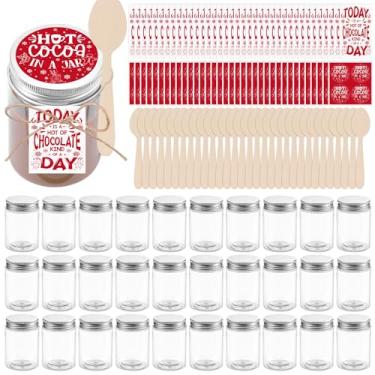 Imagem de Conjunto de 50 lembrancinhas de festa de chocolate quente incluem potes de chocolate quente de Natal de 198 g com tampas, colheres de madeira de cacau quente e etiquetas vermelhas adesivos para