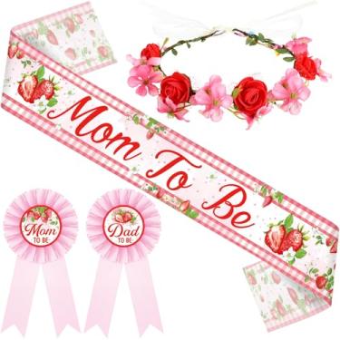 Imagem de Ceenna Faixa de chá de bebê Mom to Be Sash and Dad to Be Pin Flower Crown for Gender Reveals Baby Tea Party Favors Decorações para meninos meninas Pregnancy Props Gift (Morango)