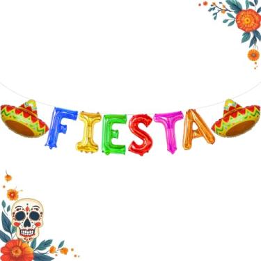 Imagem de Balões de letras Fiesta, decoração de festa mexicana Dia dos Mortos com 2 peças colorido Sombrero Mylar balão Dia De Los Muertos Banner para Cinco De Mayo Halloween Carnaval Loteria Ofrenda Altar