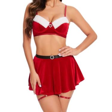 Imagem de Lidogirl Conjunto de lingerie feminina de Natal com aro, fantasia de Papai Noel de veludo com cinta-liga vermelha GG