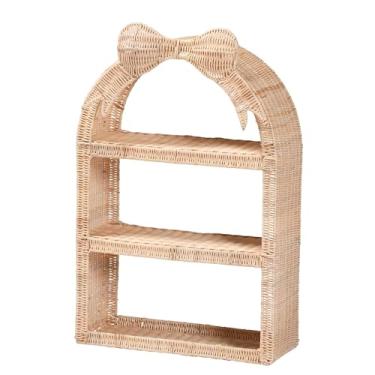 Imagem de Bali & pari Creusa Prateleira de parede de vime natural – Rack de armazenamento decorativo de 3 camadas com moldura arqueada e detalhe de laço tecido, prateleira de exibição costeira Boho