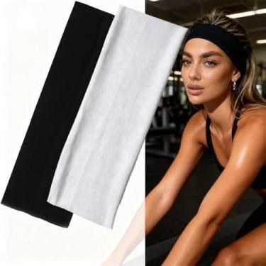 Imagem de Bandanas esportivas de algodão pacote com 2 - faixas de cabelo elásticas pretas e brancas de 7 cm de largura para homens e mulheres, faixas absorventes de suor para corrida, ioga, treino, maquiagem