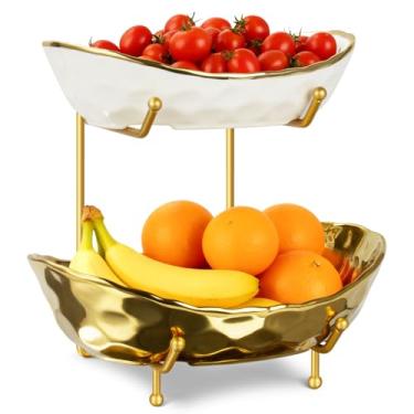 Imagem de OdoVow Tigela de frutas de cerâmica para balcão de cozinha - Tigelas de frutas de 2 camadas com suporte de metal, suporte de cesta de frutas em camadas para bancada, lanche, nozes, bolo, sobremesa
