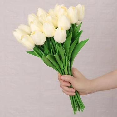 Imagem de WGKOMEGE 20 peças de flores artificiais de tulipa de 34,5 cm de toque real, buquê de tulipas de poliuretano falsas para cozinha, casa, ambientes internos e externos, casamento, presente das mães (12