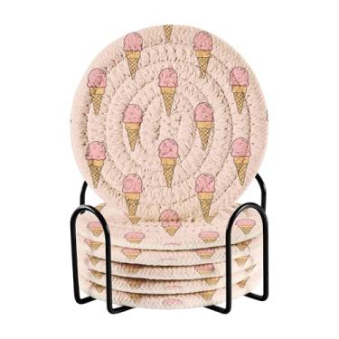 Imagem de SEHANY Lindo conjunto de 6 porta-copos de sorvete com suporte, porta-copos redondos absorventes de algodão resistente ao calor para mesa de jantar, canecas de café, proteção de xícara, 10 cm