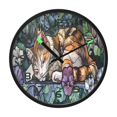 Imagem de SEHANY Pintura esmaltada de relógio de parede de gato, silencioso, sem tique-taque, relógio redondo operado por bateria, controle de som, luz noturna, relógios de parede para sala de estar, cozinha