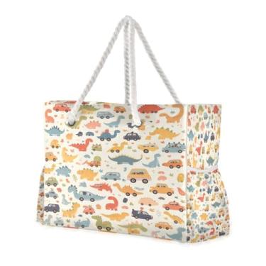 Imagem de ATTX Lindos sacos de praia de dinossauros de carros para mulheres - bolsas de praia grandes com zíper à prova d'água à prova de areia bolsa para piscina bolsa grande #393