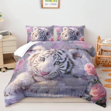 Imagem de AILONEN Jogo de cama solteiro de tigre branco, filhote de tigre da neve kawaii, vida selvagem, 3 peças, rosa e 2 fronhas