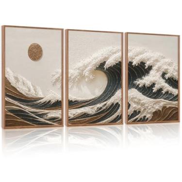 Imagem de HLNIUC Arte de parede em tela emoldurada de onda do mar, arte abstrata de paisagem marítima com sol conjunto de 3 (61 cm x 91 cm) impressão de arte moderna oceano praia, ótima onda pôr-do-sol imagens