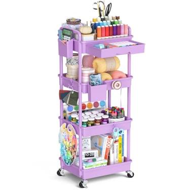 Imagem de SUNALLY Organizador de carrinho de rodinhas de 4 níveis com gaveta, carrinhos de armazenamento de banheiro com rodas e prateleira de plástico, organizadores de armazenamento móvel para cozinha