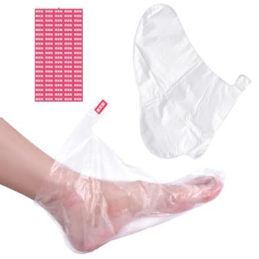 Imagem de KADS 100 peças de forros de banho de parafina para pés coberturas de plástico para hidratação dos pés, meias descartáveis de cera de parafina com adesivos de fechamento