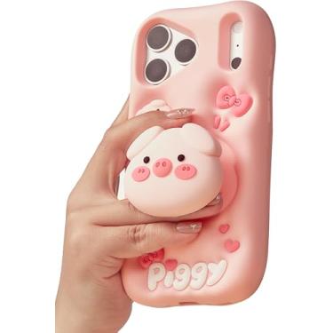 Imagem de TUFTA Kawaii 3D Pig Pop-Up Stand and Grip Capa de telefone para iPhone 17 Pro Max, linda capa de telefone de animal de desenho animado para meninas, meninos, crianças, adolescentes e mulheres, rosa