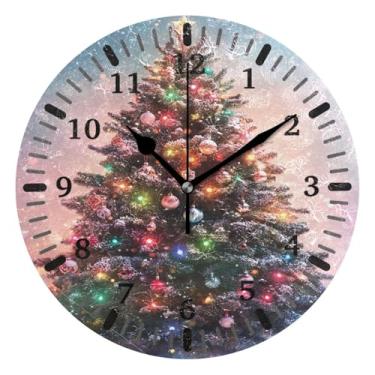 Imagem de CEBUGI Uma árvore de Natal adornada com decorações e luzes contra um fundo desfocado, relógio de parede operado por bateria, relógios redondos silenciosos sem tique-taque para cozinha, banheiro