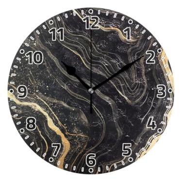 Imagem de WELLDAY Relógio de parede sem tique-taque 25 cm - Relógio redondo silencioso de quartzo operado por bateria de mármore preto dourado para casa/escritório/cozinha/sala de aula