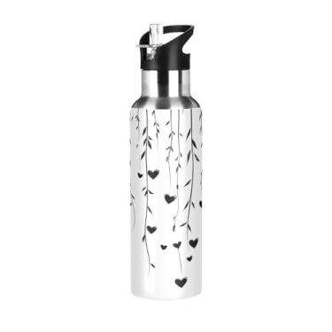 Imagem de Wassud Garrafa de água simples coração preto garrafa de água esportiva de aço inoxidável com canudo garrafas de água isoladas copo portátil de viagem 947 ml
