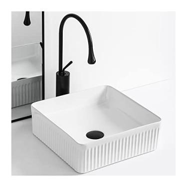 Imagem de YYBOES Pia de banheiro pia de vaso de banheiro 35,56 cm x 35,56 cm pia de banheiro quadrada, pia de vaso de cerâmica acima do balcão com torneira, pia de vaso de pia branca