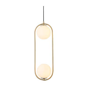 Imagem de Luminária pendente industrial Modo Lighting, com 2 lâmpadas e cúpula de vidro fosco, na cor dourada, ideal para cozinha, sala de jantar ou ilha de cozinha.