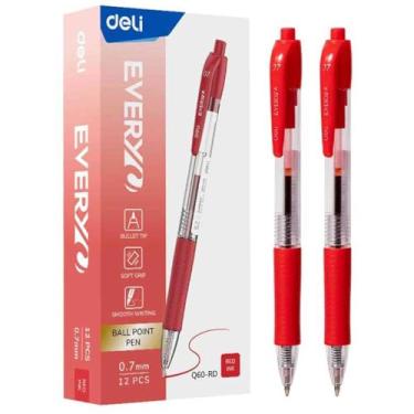 Imagem de Caneta Esferográfica, Deli, Retrátil, 0,7 mm, Vermelha, Caixa com 12
