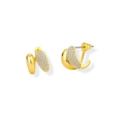 Imagem de Altitude Boutique Brincos femininos de argola pavimentada CZ | Brincos de frente e verso banhados a ouro 14K ou ródio | Joias modernas conversíveis, 15mm, Latão, Zircônia cúbica