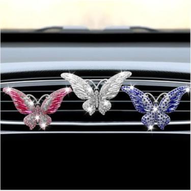 Imagem de 3 peças com clipe de ventilação de purificador de ar de carro de borboleta brilhante, clipes de acabamento de ventilação de painel de carro strass, clipe de saída de purificadores de ar automotivo