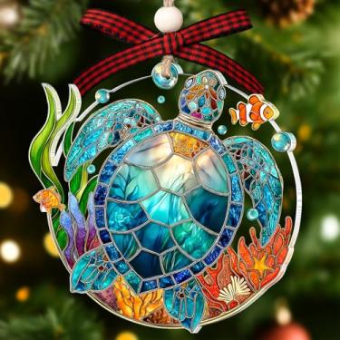 Imagem de Enfeite de tartaruga marinha de vitral – Decoração de vida marinha feita à mão para árvore de Natal, banheiro ou cozinha – Presente náutico para amantes de tartarugas, mergulhadores e entusiastas do