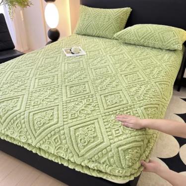 Imagem de Protetor de colchão quente de inverno, algodão espesso, respirável e amigo da pele, bolso profundo, antiderrapante, lençol com elástico para solteiro/casal/queen/king verde.||200 x 220 cm